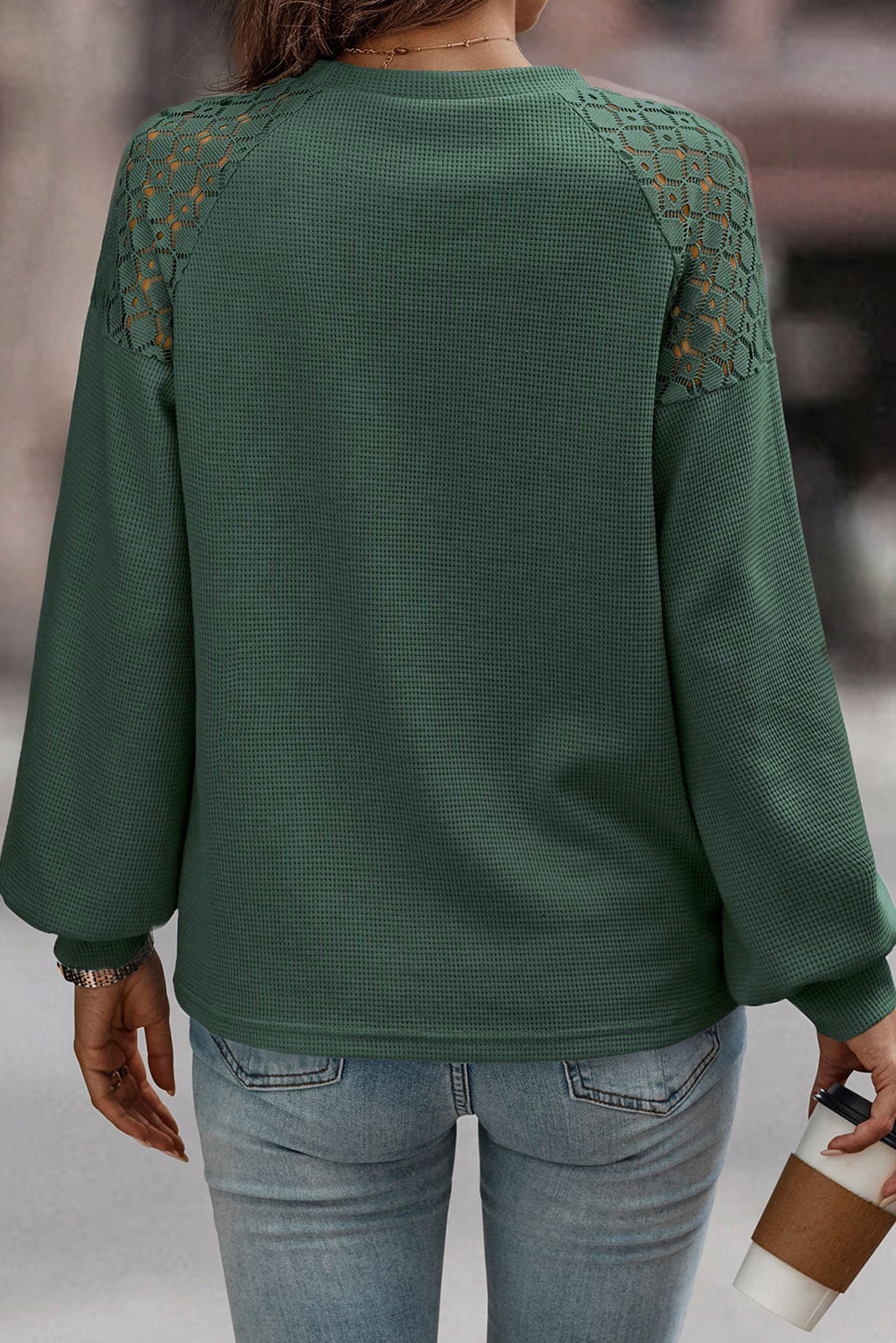 Green Lace Long Sleeve Textured Pullover