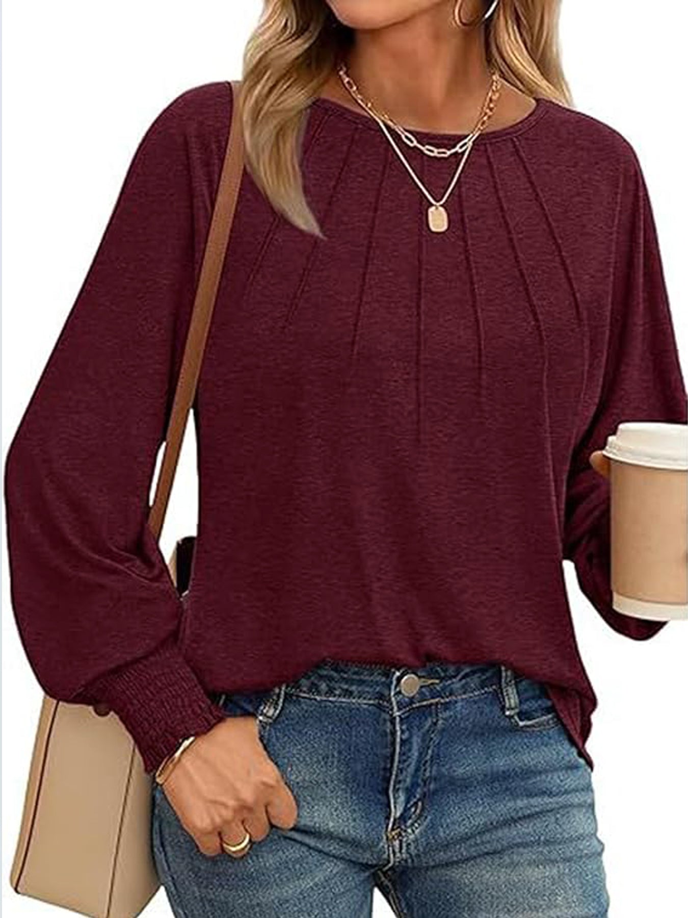 Women's Tunic Tops Pleated Crew Neck Shirts