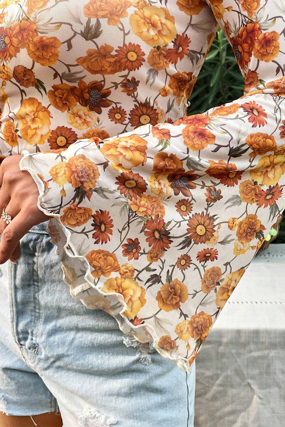 Orange Floral Printed Bell Sleeve Mock Neck Scallop Trim Blouse