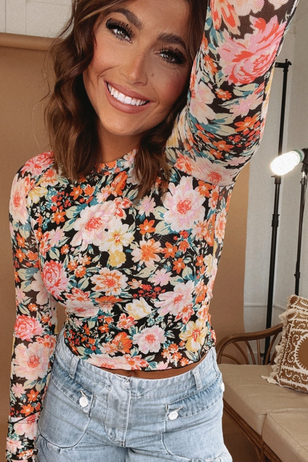 Orange Floral Mesh Slim Long Sleeve Crop Top