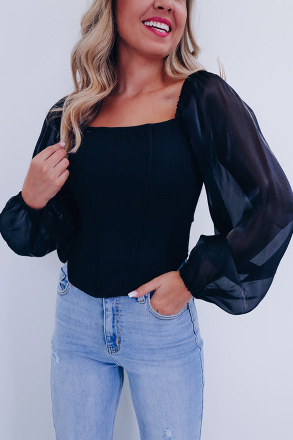 Black Sheer Lantern Sleeve Square Neck Top