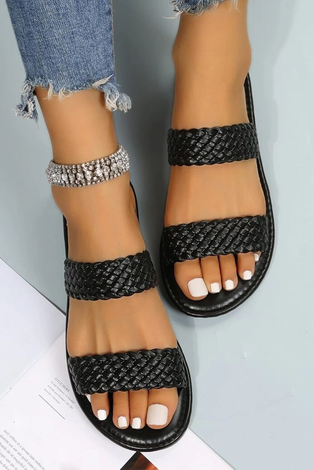 Black Braided Double Band Leathered Flat Slippers