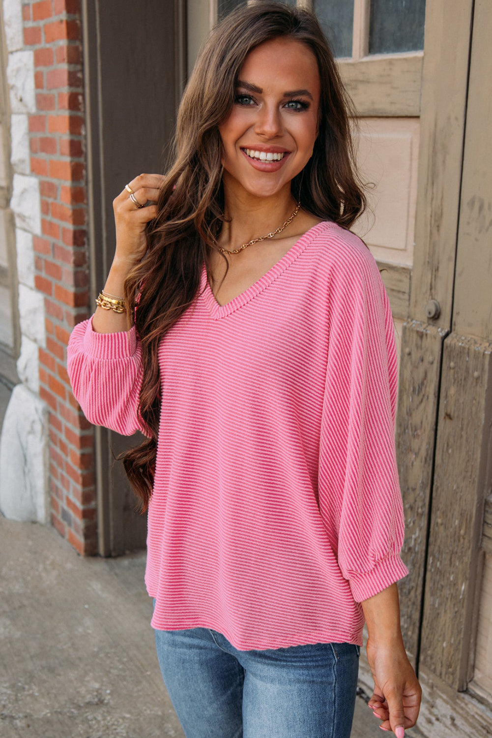 Strawberry Pink Striped Print Bracelet Sleeve V Neck Top