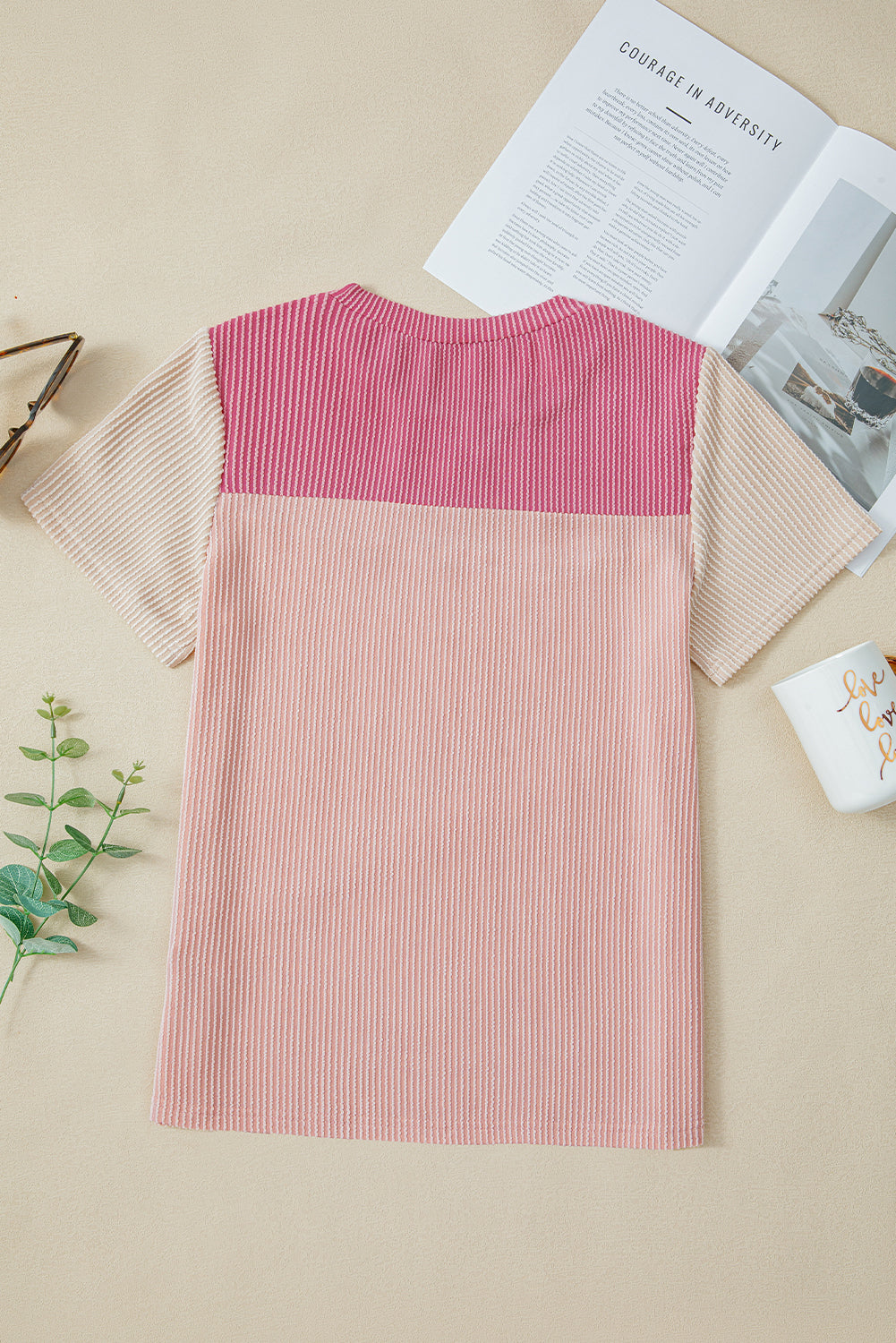 Pink Rib Textured Colorblock T Shirt