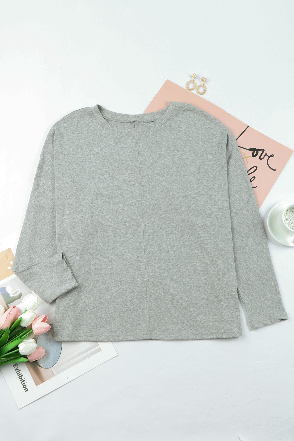 Gray Solid Color Patchwork Long Sleeve Top