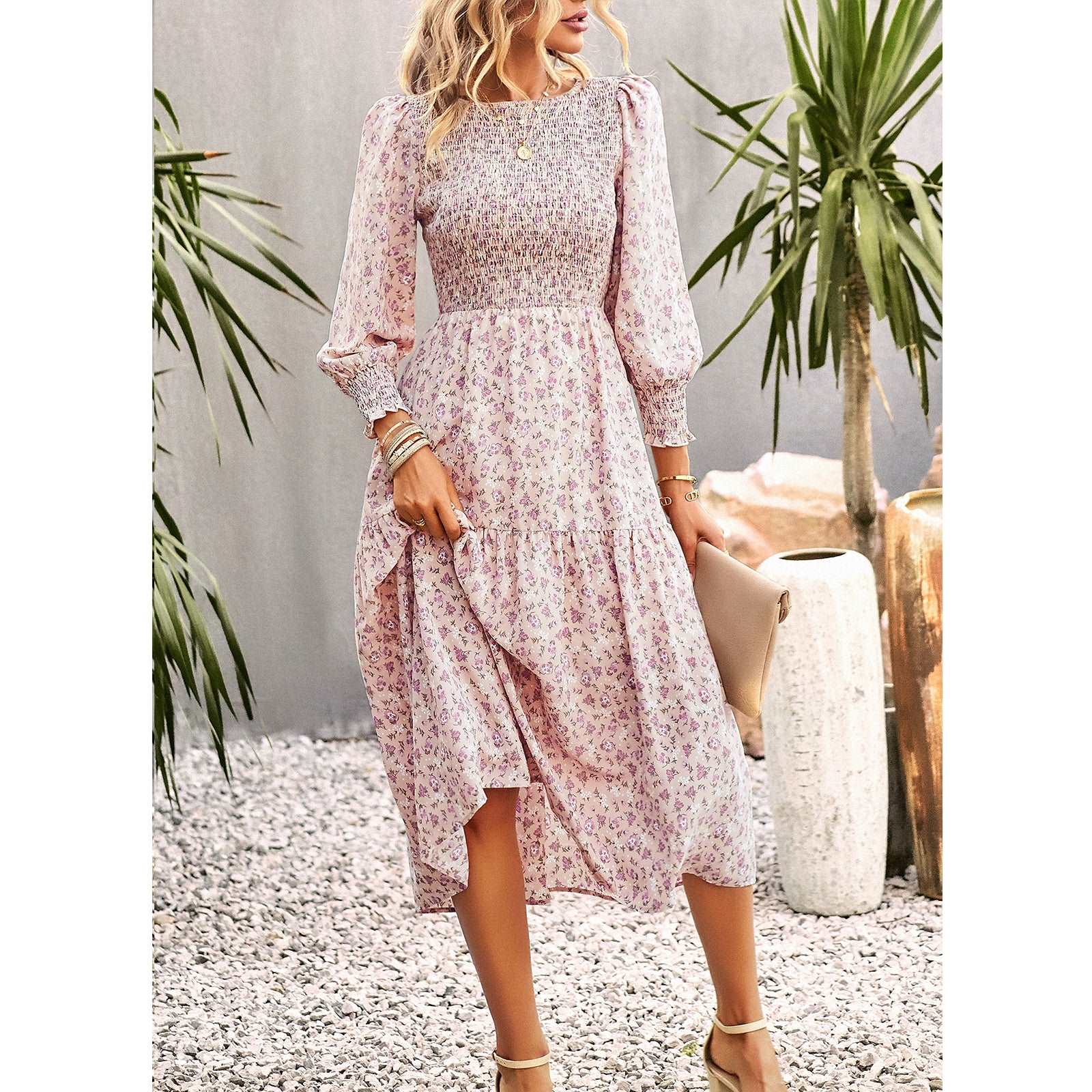 Women's Casual Long Sleeve Floral Dress Crewneck A-Line Mid Length Dress