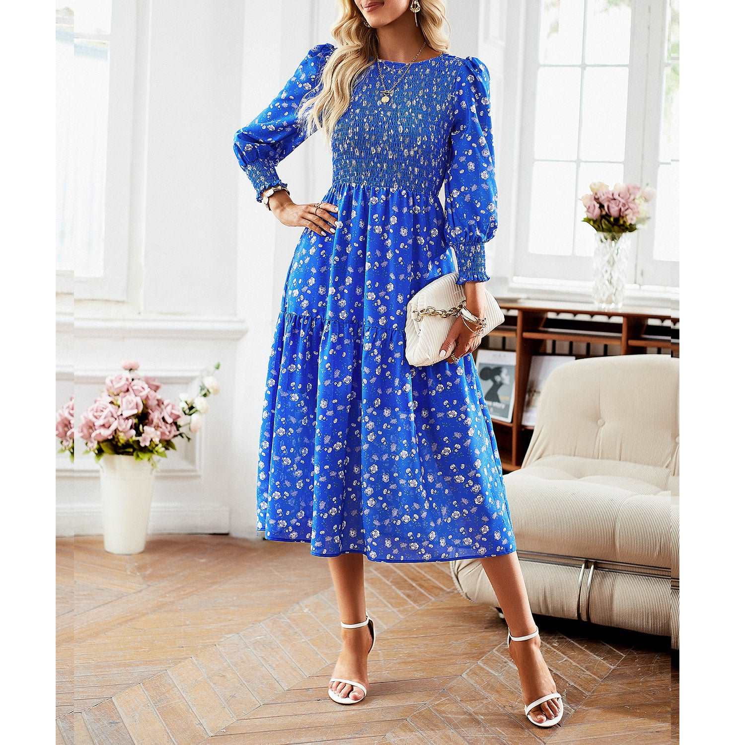 Women's Casual Long Sleeve Floral Dress Crewneck A-Line Mid Length Dress