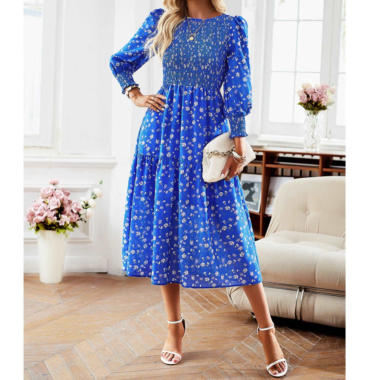 Women's Casual Long Sleeve Floral Dress Crewneck A-Line Mid Length Dress