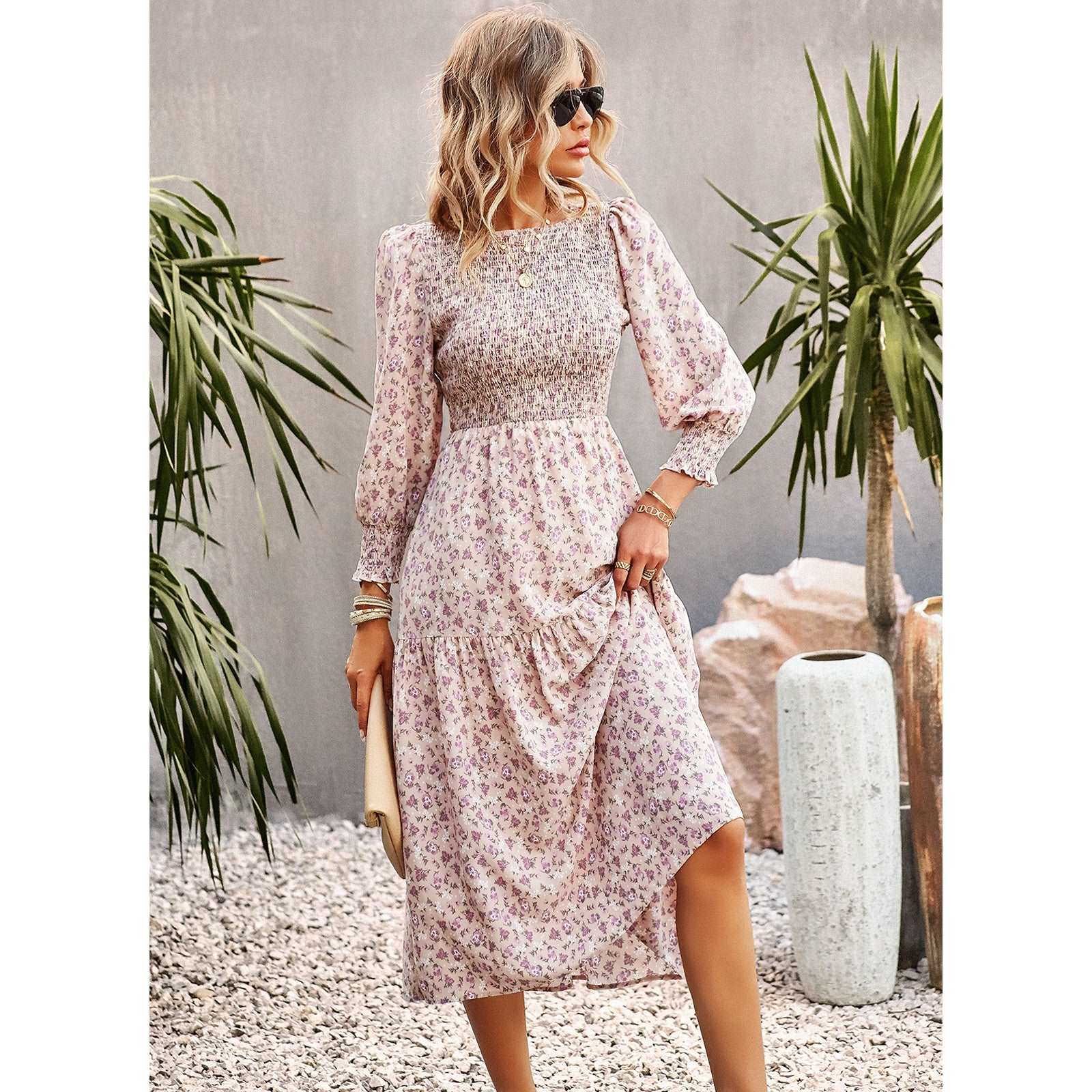 Women's Casual Long Sleeve Floral Dress Crewneck A-Line Mid Length Dress