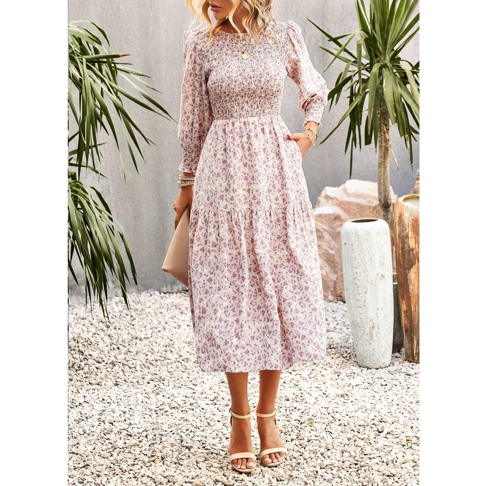 Women's Casual Long Sleeve Floral Dress Crewneck A-Line Mid Length Dress