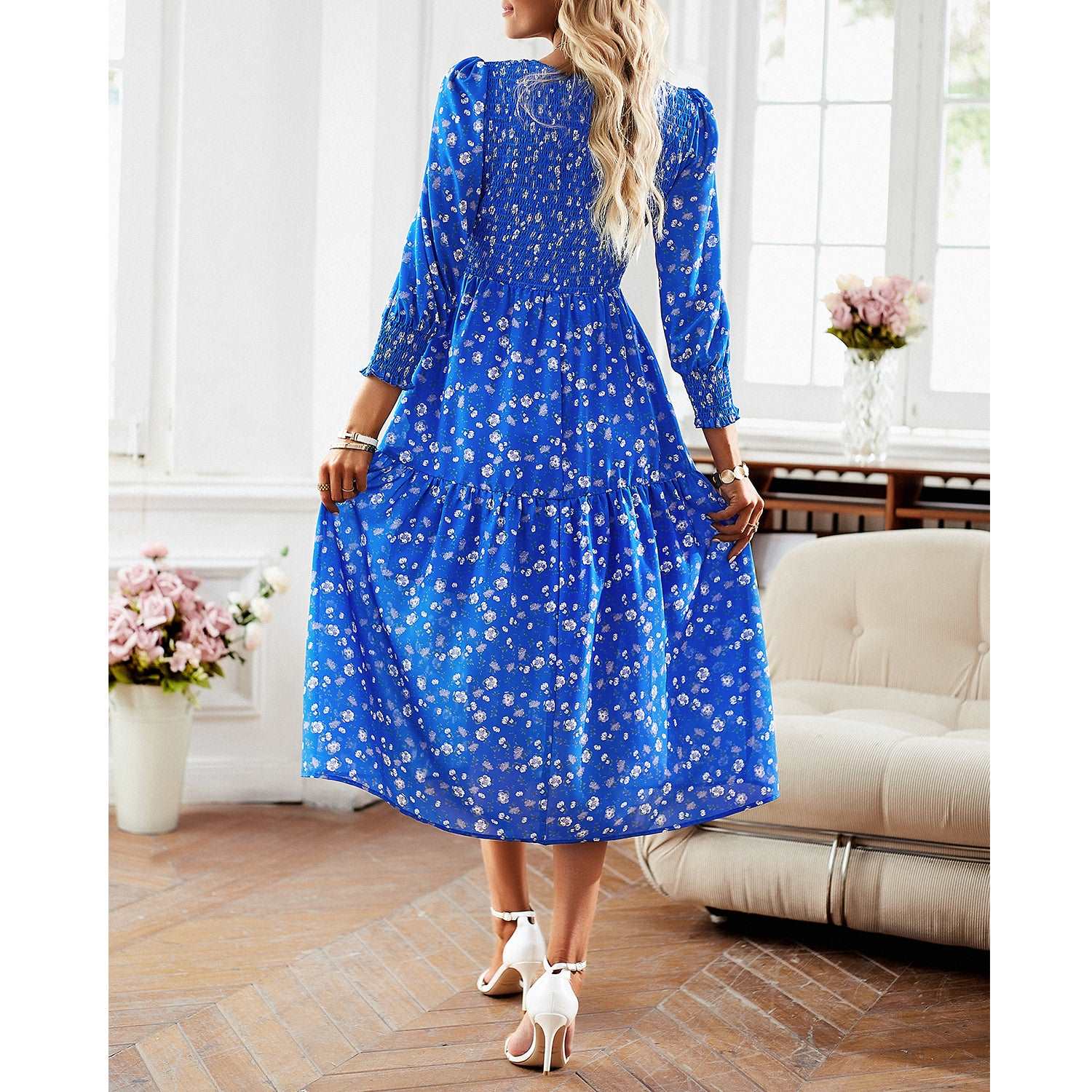 Women's Casual Long Sleeve Floral Dress Crewneck A-Line Mid Length Dress