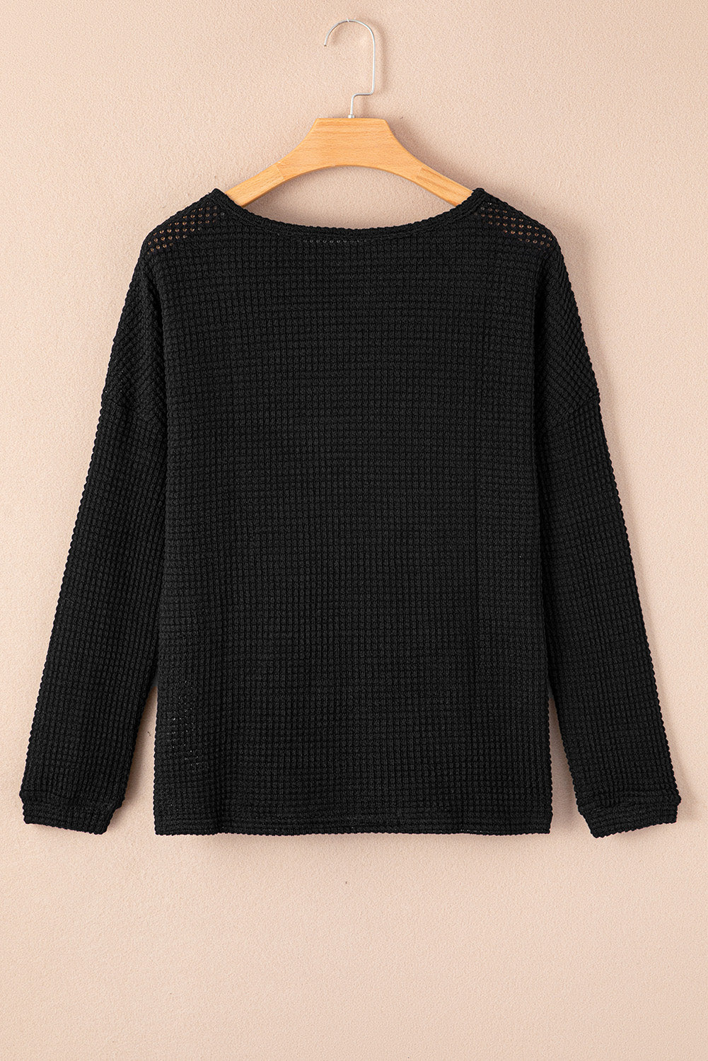 Black Waffle Knit Drop Shoulder Long Sleeve Top