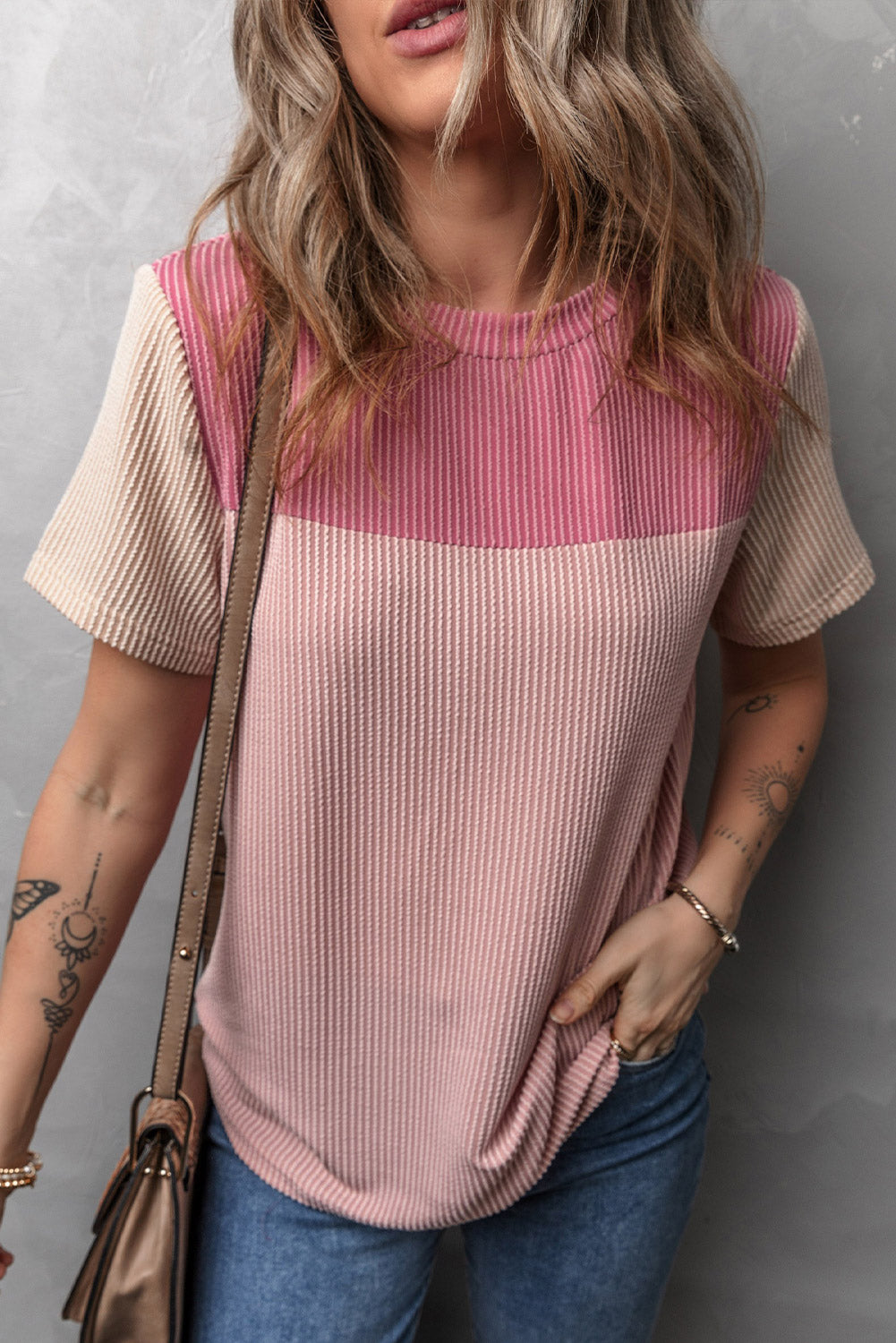 Pink Rib Textured Colorblock T Shirt