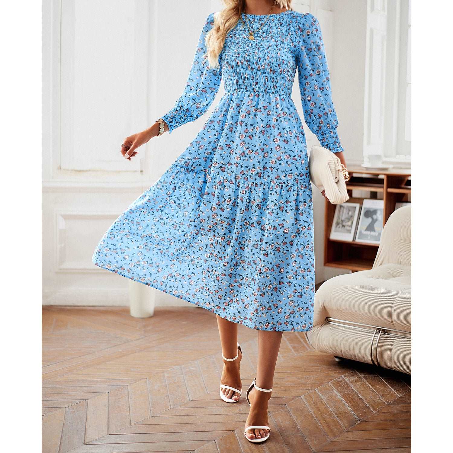 Women's Casual Long Sleeve Floral Dress Crewneck A-Line Mid Length Dress