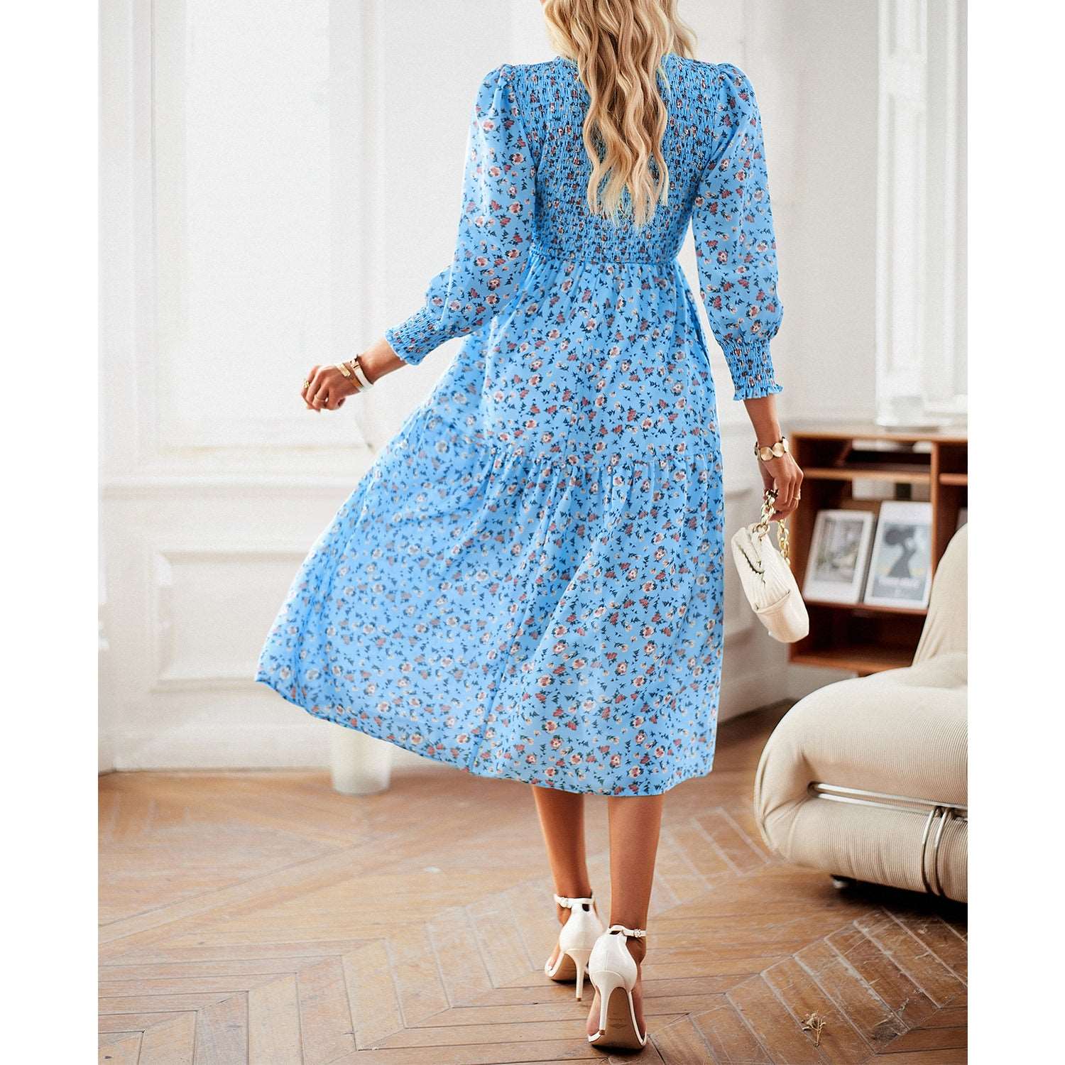 Women's Casual Long Sleeve Floral Dress Crewneck A-Line Mid Length Dress