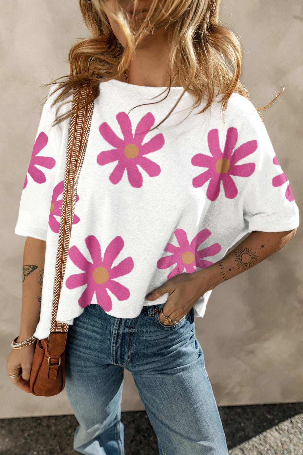 White Daisy Flower Printed Casual T Shirt