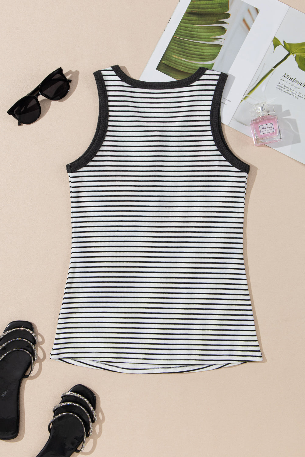 White Stripe Ribbed Knit Buttoned U Neck Tank Top