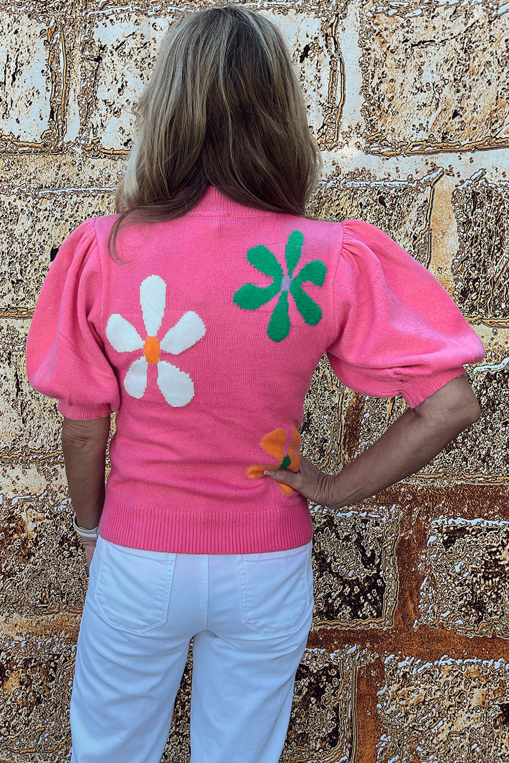 Bright Pink Floral Bubble Short Sleeve Sweater