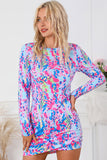 Sky Blue Floral Print Crossed Hem Long Sleeve Mini Dress