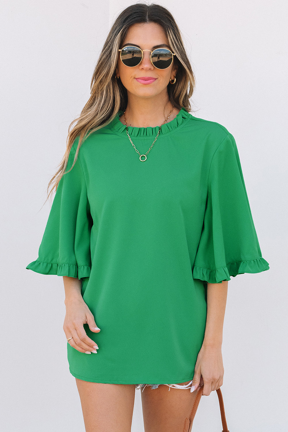 Green Frilly Round Neck Wide Half Sleeve Blouse