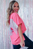 Rose Red Sequined Fringe Wing High-low Hem T-shirt