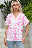 Rose Zebra Pattern V Neck Short Sleeve Blouse