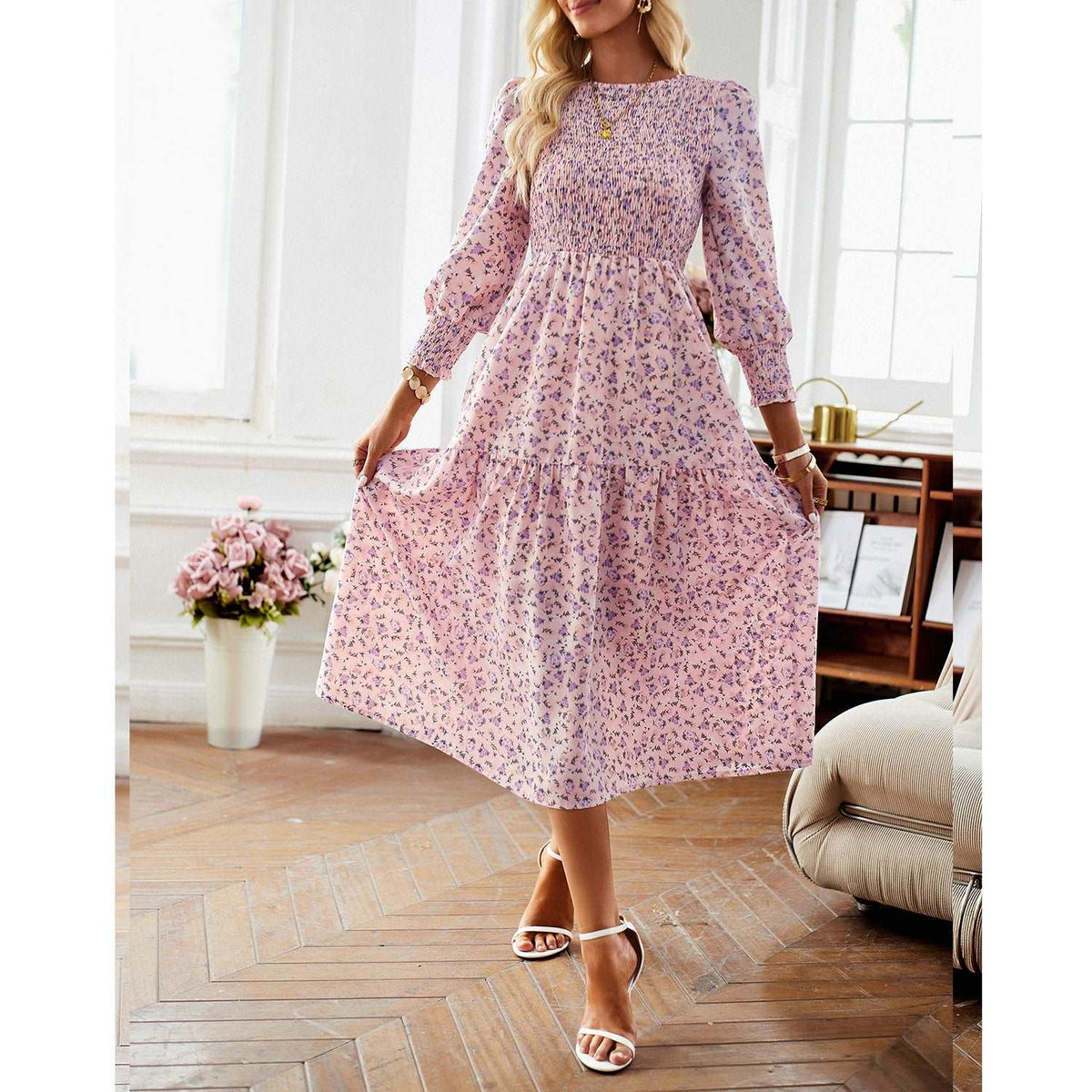 Women's Casual Long Sleeve Floral Dress Crewneck A-Line Mid Length Dress