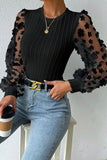 Black Floral Applique Mesh Sleeves Textured Knit Blouse