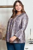 Purple Floral Print Round Neck Plus Size Babydoll Blouse