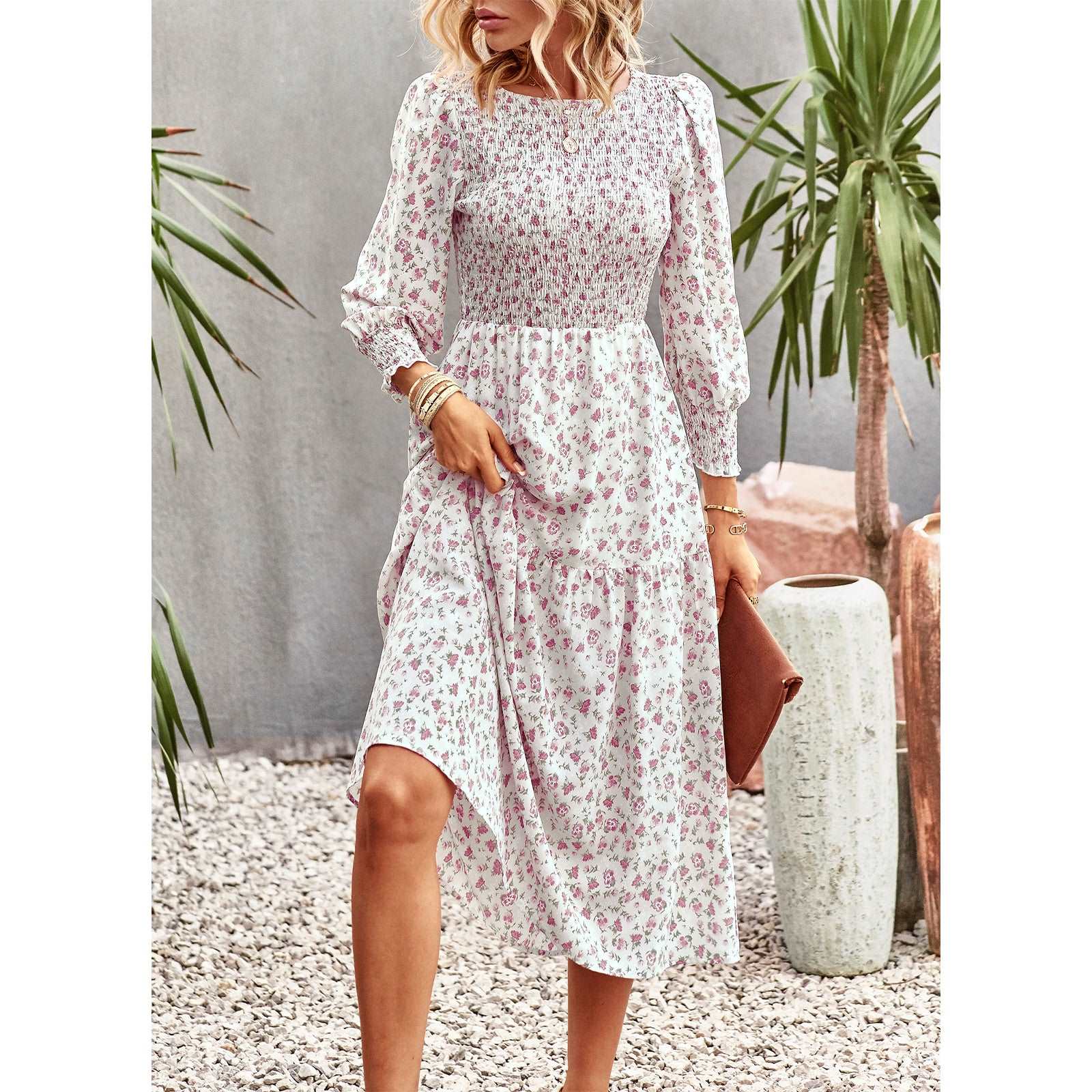 Women's Casual Long Sleeve Floral Dress Crewneck A-Line Mid Length Dress