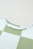 Grass Green Mix Checkered Print Shirred Cuffs Blouse