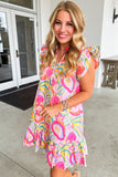 Pink Abstract Floral Ruffle Trim Flutter Sleeve Buttoned Dress