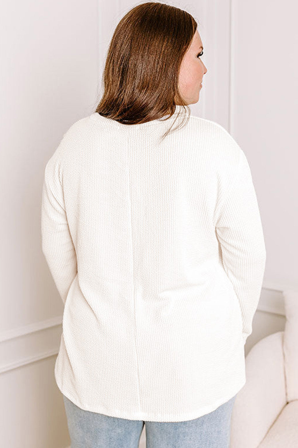 White Plus Size Ribbed Textured Long Sleeve T Shirt