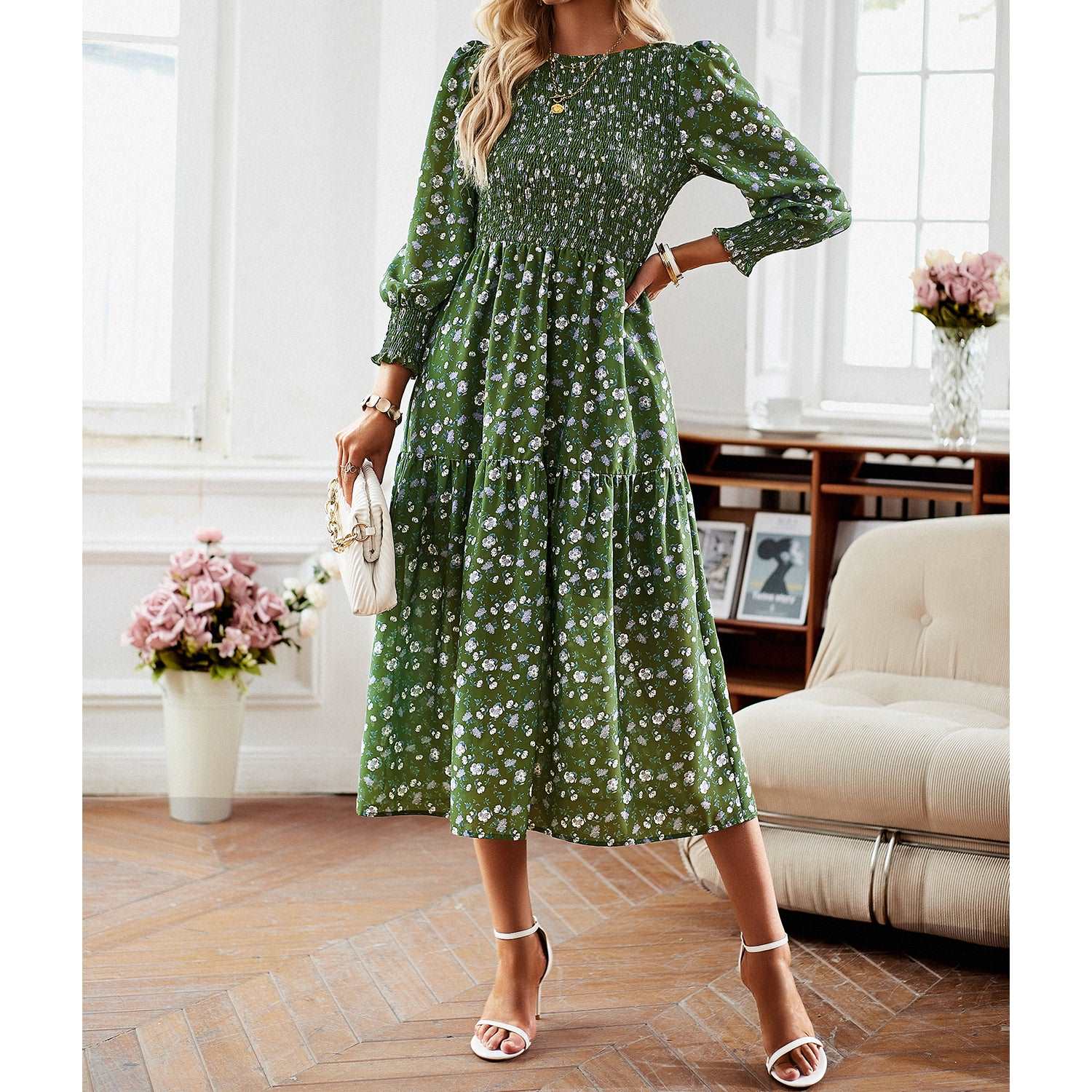 Women's Casual Long Sleeve Floral Dress Crewneck A-Line Mid Length Dress