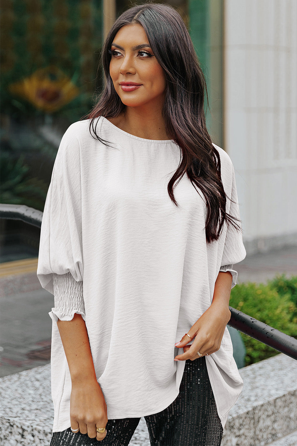 White Smocked Wrist Shift Top