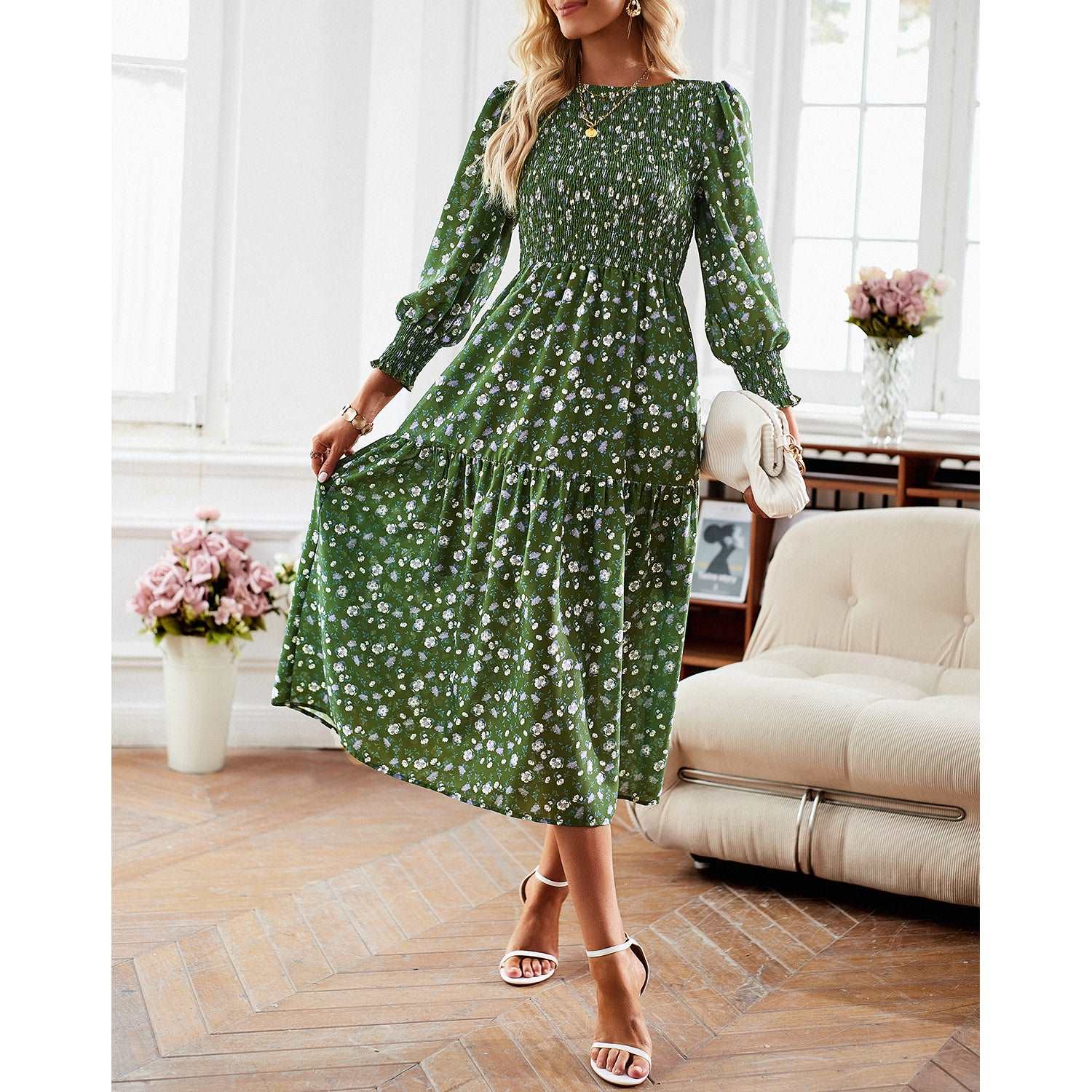 Women's Casual Long Sleeve Floral Dress Crewneck A-Line Mid Length Dress