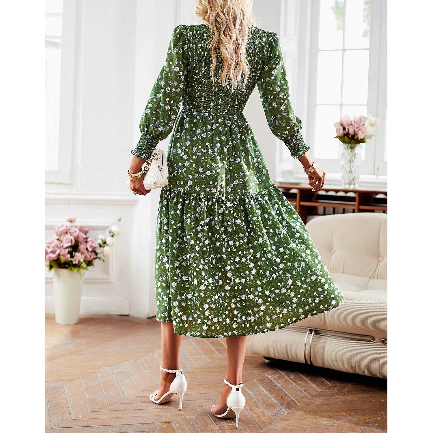 Women's Casual Long Sleeve Floral Dress Crewneck A-Line Mid Length Dress