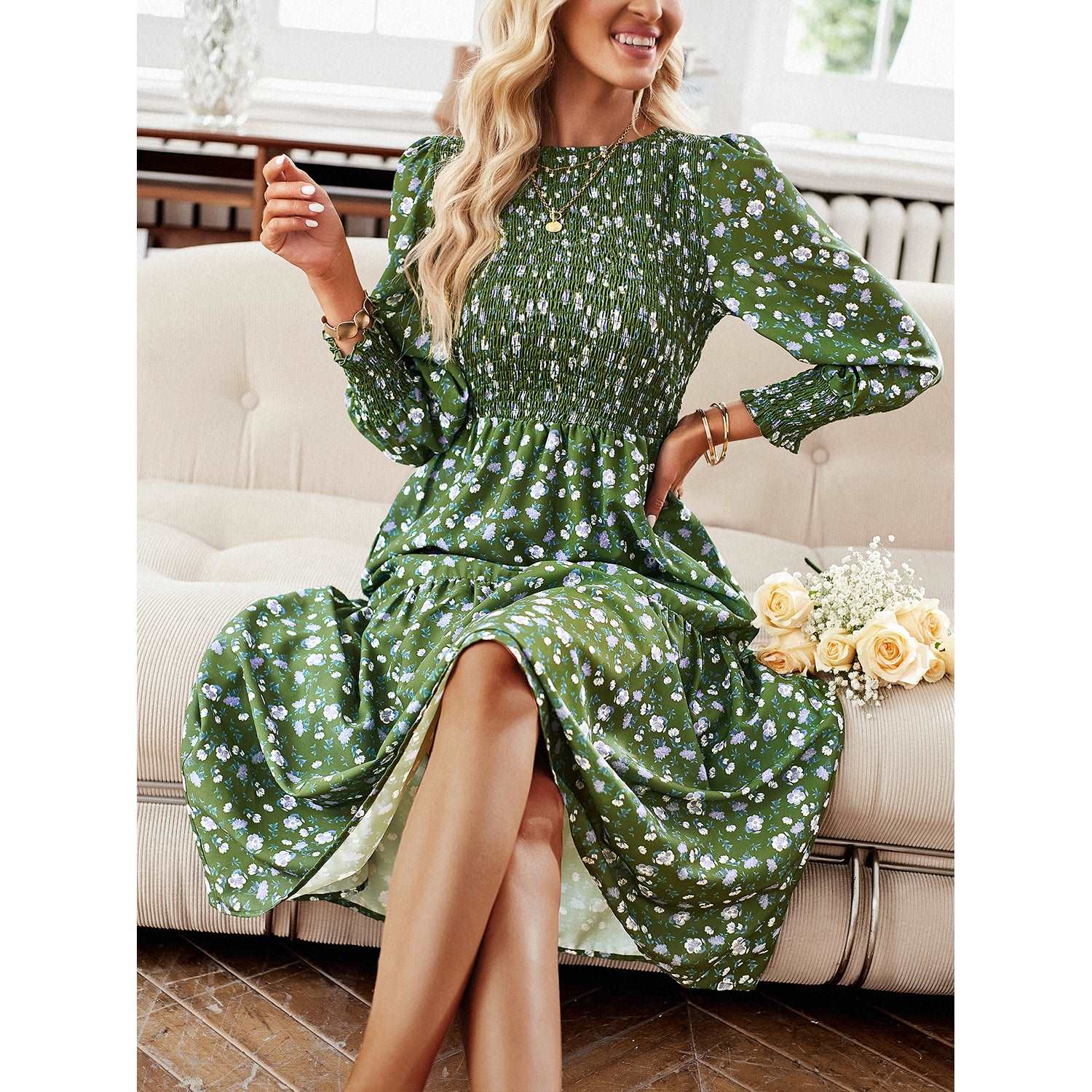 Women's Casual Long Sleeve Floral Dress Crewneck A-Line Mid Length Dress