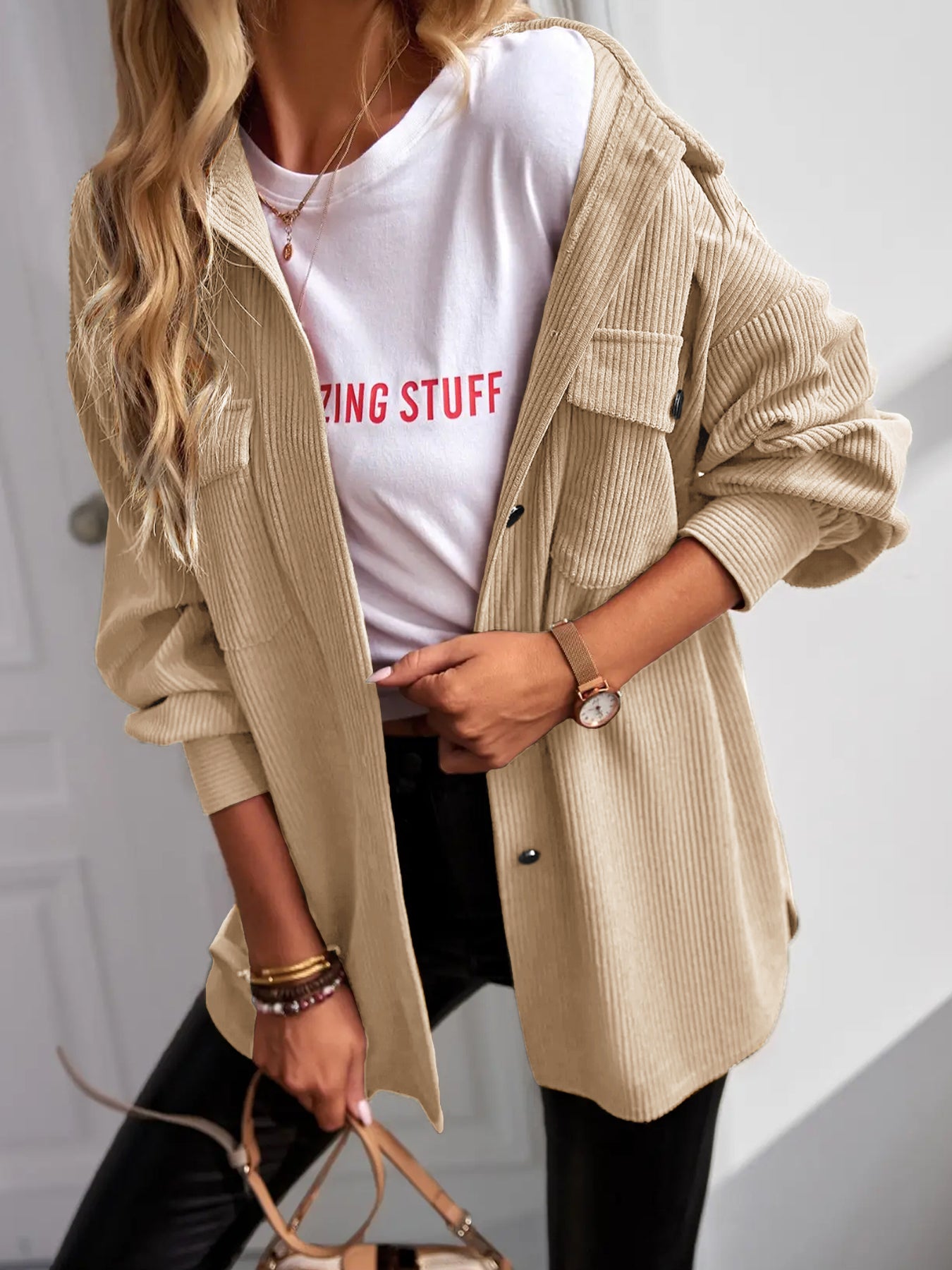 Women Casual Coat Long Sleeve Shacket Shirts Jacket with Pockets