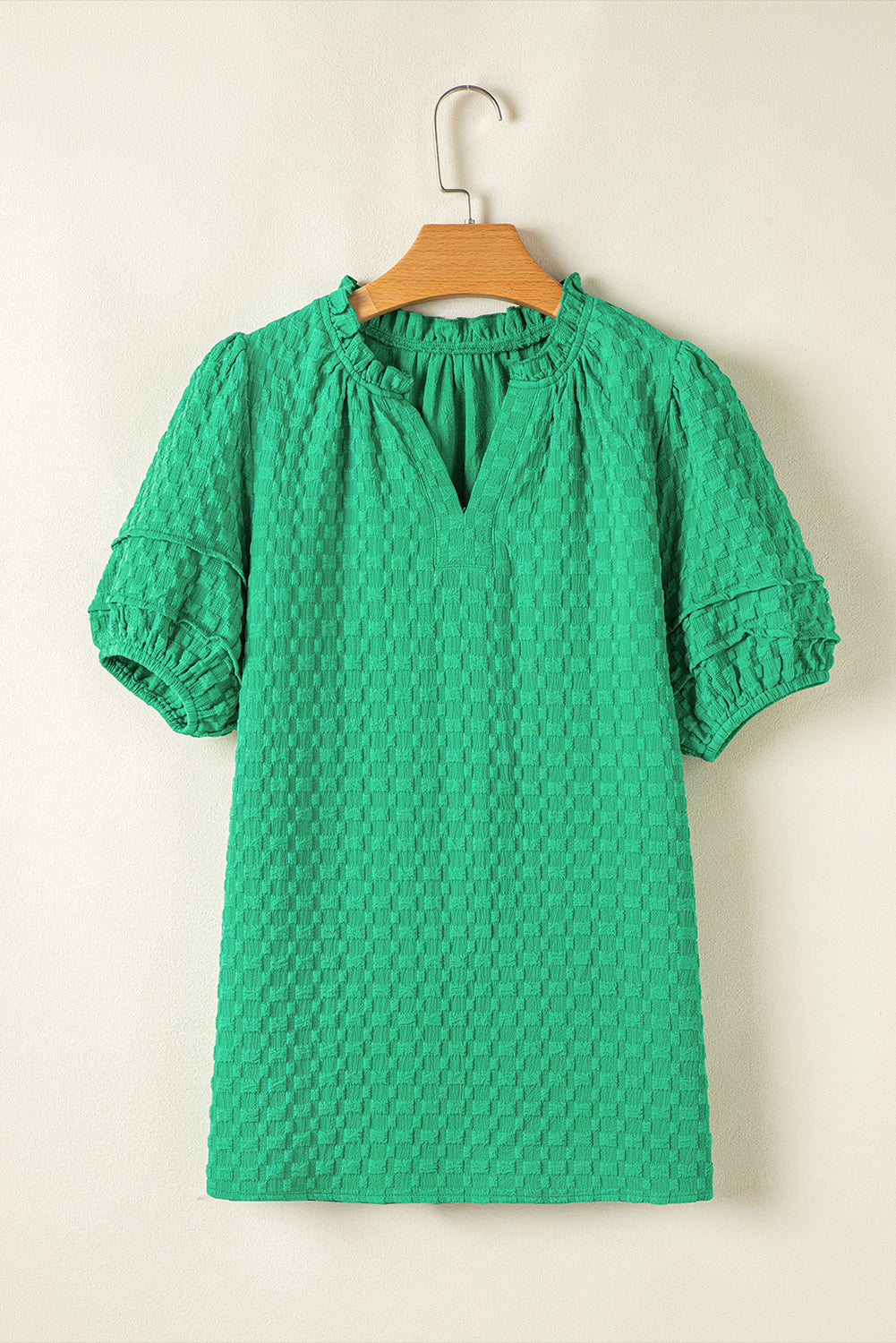 Bright Green Textured Puff Short Sleeve Notched V Neck Top