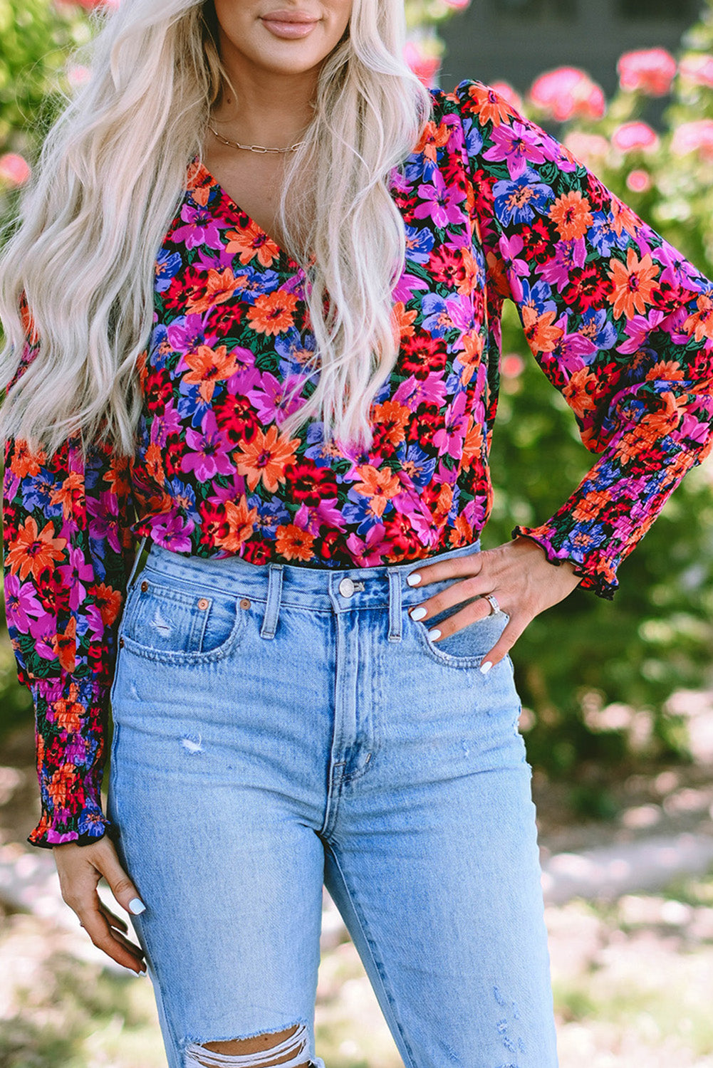 Floral Print Wrap V Neck Long Sleeve Bodysuit