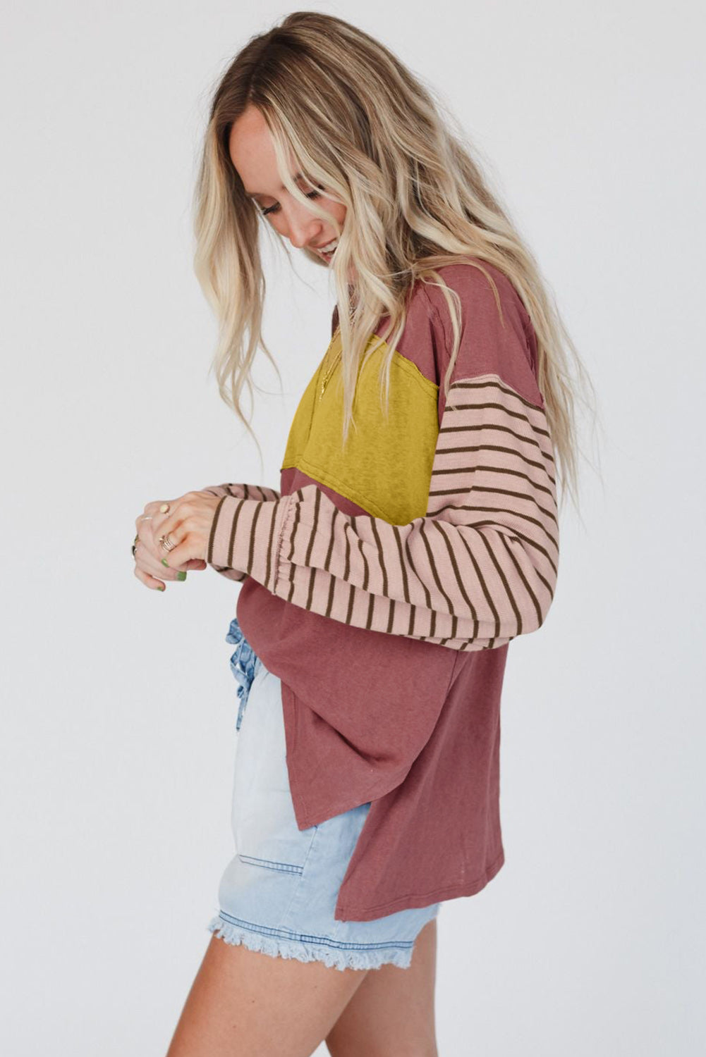 Fiery Red Colorblock Striped Bishop Sleeve Top