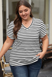 White Stripe V Neck Petal Sleeve Plus Size T-Shirt