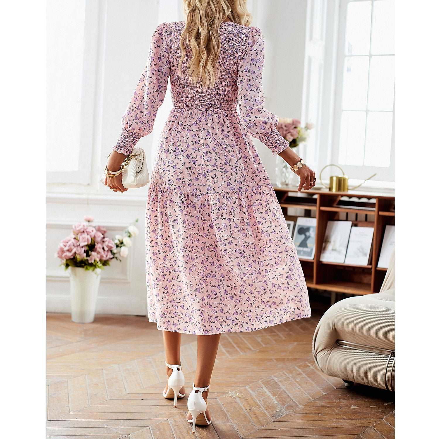 Women's Casual Long Sleeve Floral Dress Crewneck A-Line Mid Length Dress