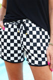 Black Checkered Drawstring Elastic Waist Casual Shorts