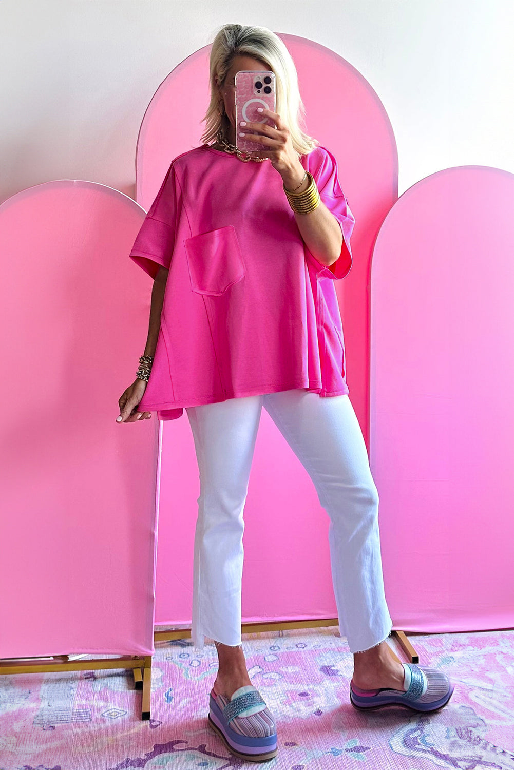 Bright Pink Patched Pocket Exposed Seam Oversize T-shirt