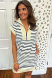 Blue Stripe Quarter Zip Collared Cap Sleeve Mini Dress