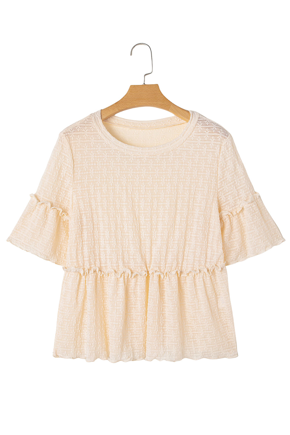 Beige Solid Color Textured Ruffled Short Sleeve Blouse