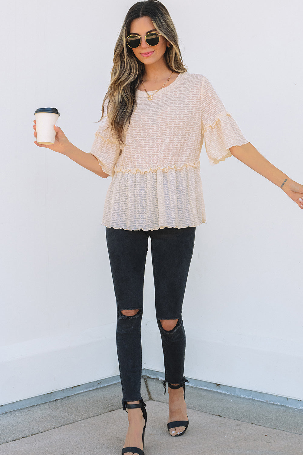 Beige Solid Color Textured Ruffled Short Sleeve Blouse