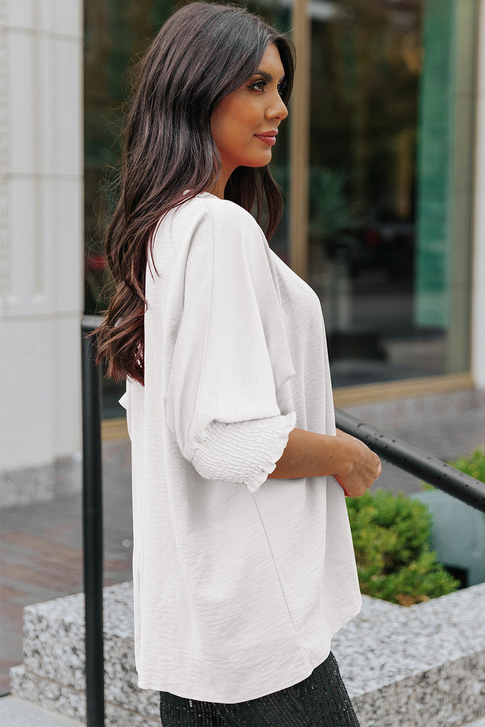 White Smocked Wrist Shift Top